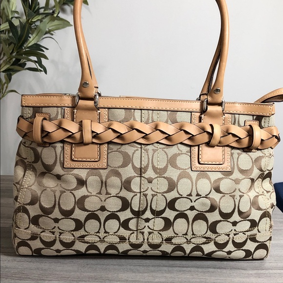 Coach Beige and Brown Signature Shoulder Bag With Tassel (BG1) - Picture 6 of 13